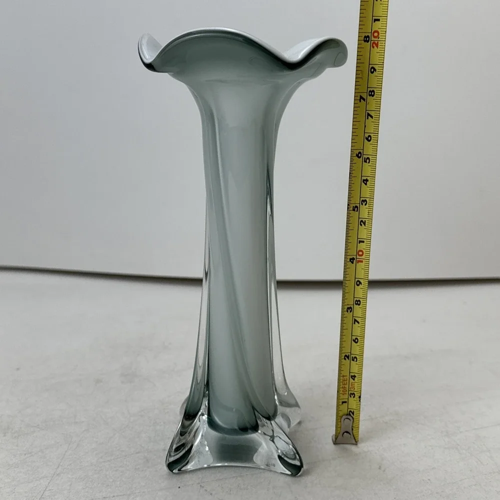 Flared White Cased Glass Vase Gray Accents Tall Twist Art Glass 8